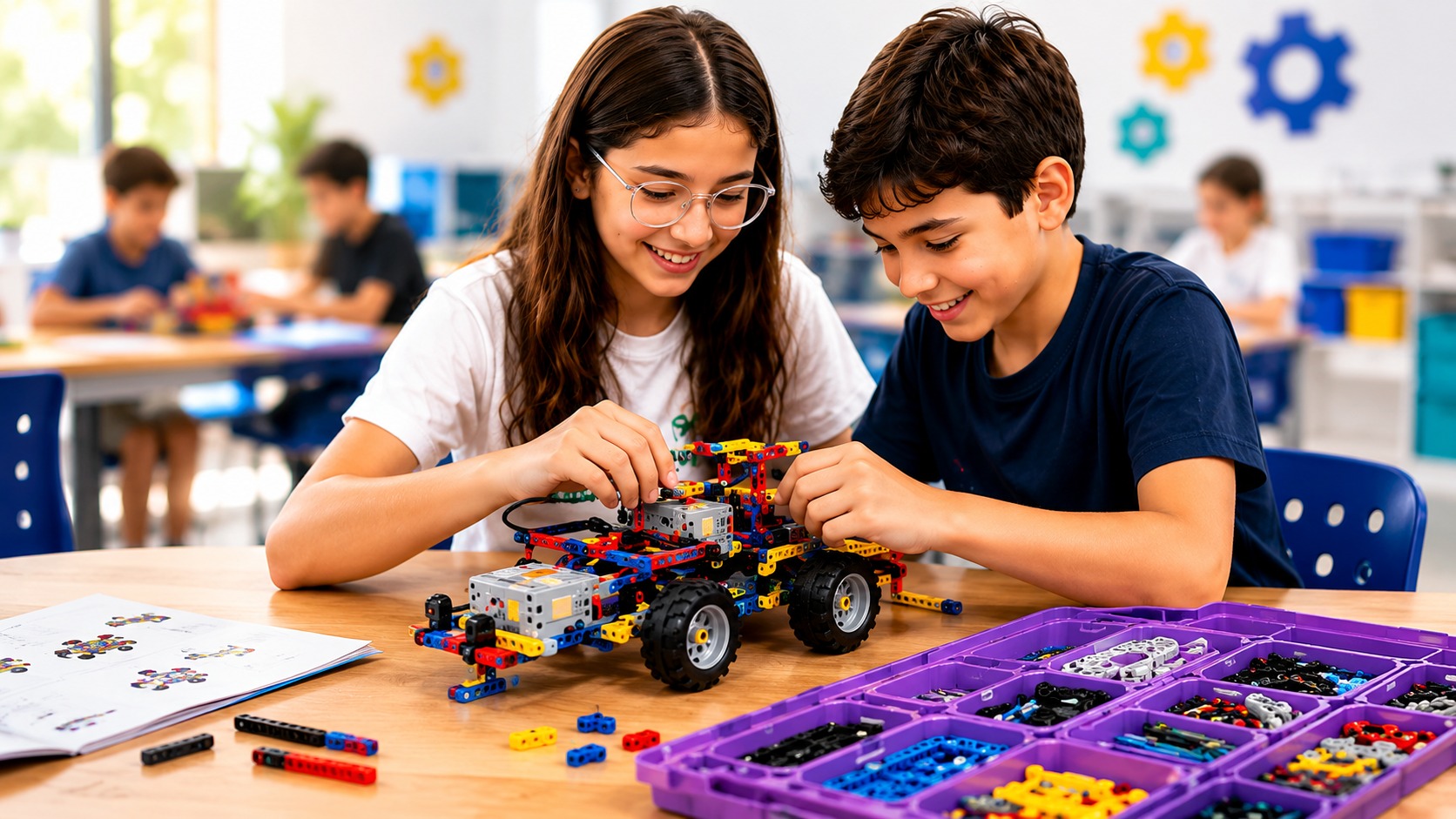 Professora e alunos em aula de tecnologia